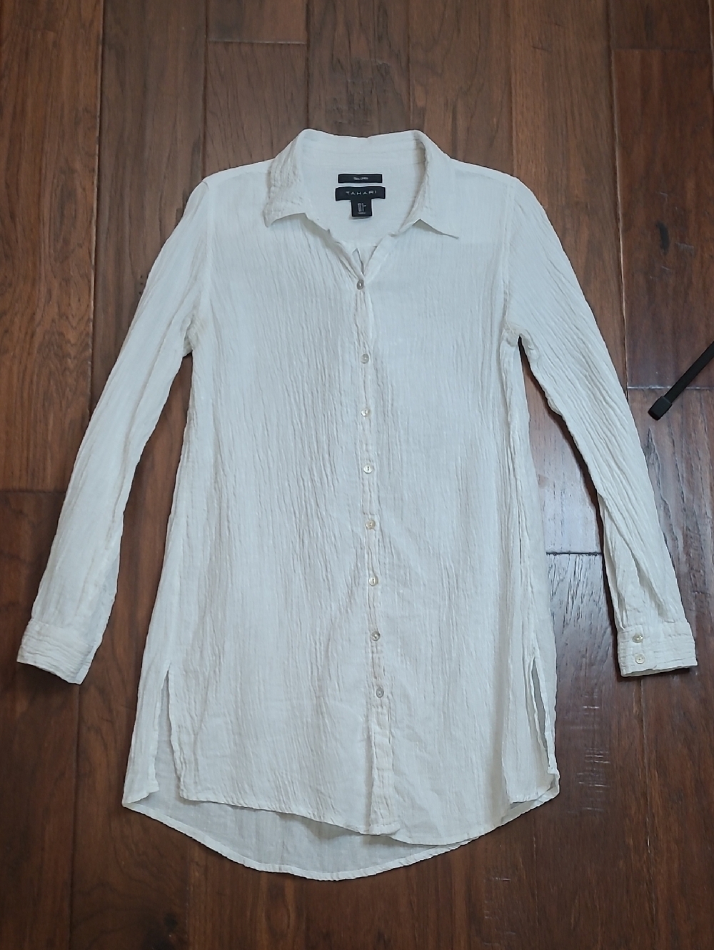 Tahari 100% Linen Creamy White Textured Long Sleeve Button-Up Tunic Shirt size S